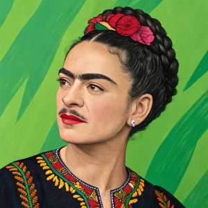 Frida Kahlo, with her iconic mustache and eyebrow combo. Wearing a traditional huipil embroidered with vibrant patterns. Set against a bright green backdrop. Modern twist on her famous self-portraits.