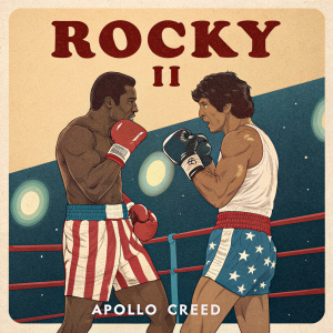 Vintage movie poster for Rocky II. Rocky Balboa and Apollo Creed face off in classic boxing pose. Retro colors and design
