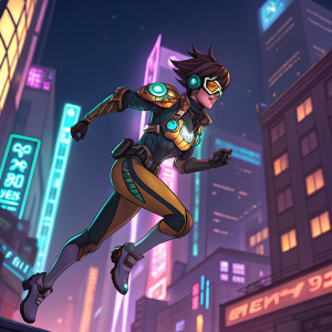 Tracer, the vibrant Overwatch character, dressed in a futuristic pilot suit. Flying through neon-lit cityscape