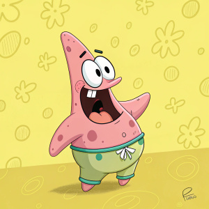 Chubby animated figure Patrick Star from The Simpsons series. Standing on a yellow spongebob-themed background with his mouth wide open and a comical expression.
