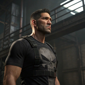 Jon Bernthal as The Punisher, standing in front of a dark, industrial backdrop. His muscular build and intense facial expression are highlighted in a sleek, digital 3D render.