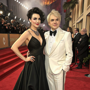 Nefer Suvio and Nick Rhodes at a glamorous awards ceremony. Nefer Suvio in a stunning black gown, Nick Rhodes in a classic white tuxedo. Crowd and red carpet visible in the background.