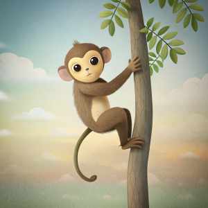 cute monkey climb tree at the wild, featuring clean lines, flat colours, and minimalist stylized