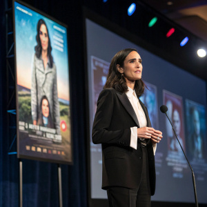 Jennifer Connelly at a press conference. Wearing a black blazer with white blouse. Standing on stage with large screen displaying movie posters behind her.
