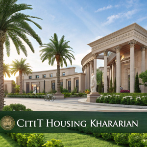 Digital rendering showcasing the Citit Housing Khararian property development. Majestic architecture with columns and statues, vibrant greenery and palm trees. Website address featured prominently at bottom.