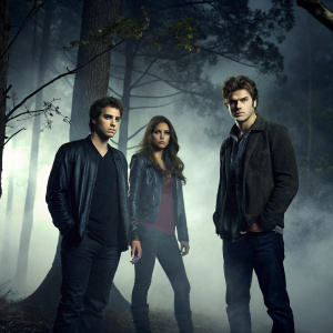 Elena Gilbert, Stefan Salvatore, Damon Salvatore, and Bonnie Bennett. Standing in a dimly lit, foggy forest. Promotional photo for 'The Vampire Diaries'