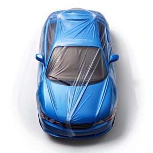 blue car wrapped with 
plastic allover top view
