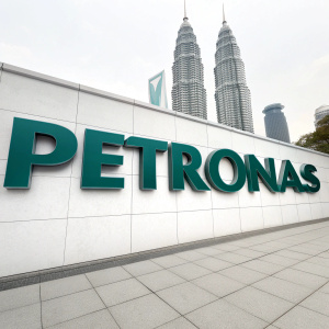 Digital rendering of the PETRONAS logo, bold font against a white backdrop. Modern sleek design with 3D effect, clean and straightforward style