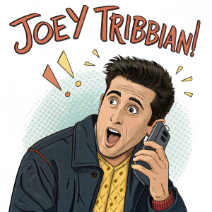 Joey Tribbiani, character from 'Friends', depicted in a comic-style illustration. Surprised expression while on phone, quote bubble above head. Playful exclamation mark beside