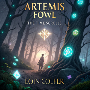 The book cover for 'Artemis Fowl: The Time Scrolls' by Eoin Colfer. Features a mystical forest with glowing crystals and ancient runes, author's name in gold lettering