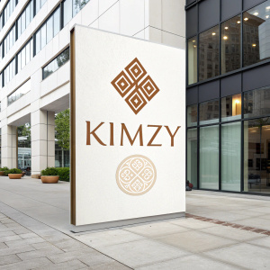 Modern logo design for 'Kimzy', featuring a sleek, brown-patterned emblem on a clean white backdrop.