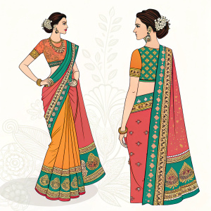 Digital art of a traditional Indian saree. Vibrant colors, intricate patterns. Detailed front and back views, flat style illustration