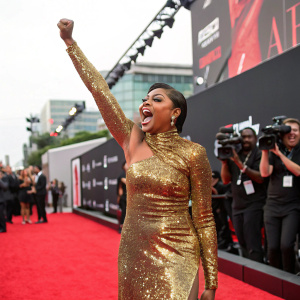Taraji P. Henson, adorned in a stunning gold sequined gown, making a powerful entrance at the BET Awards. Red carpet setting.
