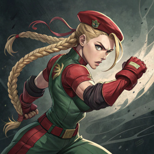 Digital illustration of Cammy White from Street Fighter. In fighting stance, fierce expression. Wearing green and red outfit, blonde braid. Dark background with abstract shapes