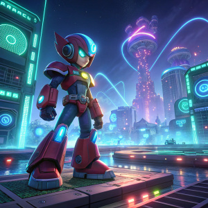 3D model of Megaman Zero in a futuristic digital landscape.