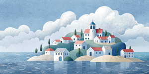 White illustration, Rene magritte style, isolated surrealistic collage of a lot of old Australia houses and trees on island, huge ocean and big sky, light pastel colors, asymmetrical composition, zoom out view, grainy texturing paper