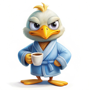 a cartoon image of a grumpy duck dress in a bathrob,slippers with a cup of coffee in hand.  Soled white background
