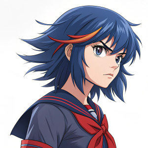Digital art featuring Ryuko Matoi from 'Kill la Kill'. Determined face, blue hair, red school uniform accessory. White background, dynamic and detailed appearance.