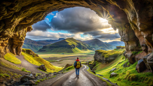 172) Hiker in the Loftsalahellir Cave near the village of Vik in Iceland. Hiker in the Loftsalahellir Cave near the village of Vik overlooking the beautiful landscape of Iceland with a road passing by.
