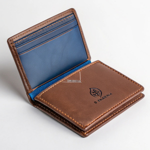 High-quality image of a Deabolar wallet. Brown leather, embossed logo, sleek design, detailed stitching, blue color.