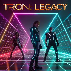 Poster for 'Tron: Legacy' showcasing characters in neon-lit grid environment. Title 'Tron: Legacy' in bold neon letters.
