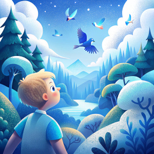 different birds fly in the forest

The quality is 8k. Cartoon style. the render. The character is a child's character. Detailed. Colors: Turquoise, Blue, White