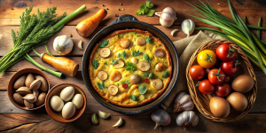 Capture the vibrant medley of fresh ingredients – potatoes, eggs, onions – as they come together, showcasing the essence of crafting a Spanish Omelet from scratch.