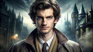 Genre: Epic Fantasy Magic Harry Potter. Remus Lupin. Andrew Garfield. Face Scars. Weary smile expression. Faded grey wizard robe. Hogwarts background. Movie quality. Realistic human. Photo realistic. head & shoulders portrait. cinematic lighting.