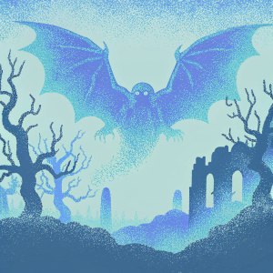 Fantasy art for the book 'Cthulhu's Legacy'. Illustration depicts a colossal beast with dragon-like features. Dark, foreboding atmosphere