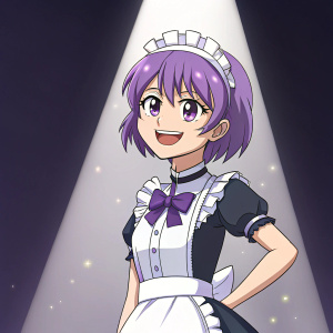 A cheerful anime character in maid outfit, short purple hair, smiling confidently. Dark background, spotlight on her