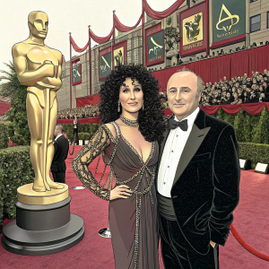Cher and Phil Collins at the 72nd Annual Academy Awards. Cher with voluminous, curly dark hair, Phil Collins with a receding hairline. They pose together in front of an elaborate red carpet setup with numerous logos.