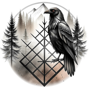 vegvisir runes geometric symbol - raven and trees - tattoo design - perfect realistic art - high-definition - grey and black - white background 