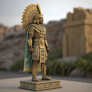 3D model of a statue with intricate Aztec design. Golden headdress and ancient garments. Rendered on a flat surface with blurred background of rocky formations.