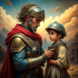 Ancient  soldier captures a young child .Realistic image.