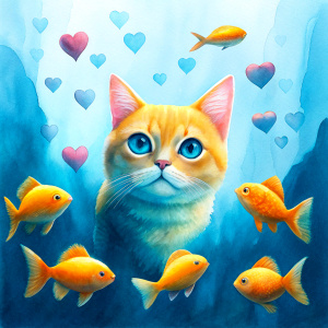 CAT UNDER WATER WITH FISH