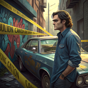 Joaquin Phoenix, in a casual blue denim shirt, standing beside a vintage car. Graffiti-covered alley with bright yellow caution tape.
