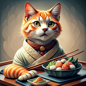 cat eating sushi