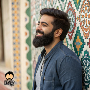 Close-up shot of Alok Petrillo, bearded man, standing against a patterned backdrop. Social media post featuring #BeardedBlogger
