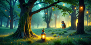 Dark mysterious woods in the evening. Disney-style landscape. Bright, vibrant colors. An owl sitting on a branch of an big oak. Two little squirrels in the grass. Tiny glowing fireflies in the air. A lot of green. There is an old lamppost in the clearing.