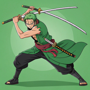 Vector illustration of Roronoa Zoro, One Piece character, in fierce battle pose. Green background