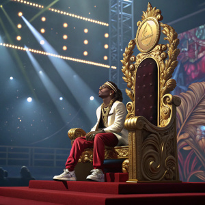 Lil Wayne in a contemplative mood, seated on a gold throne during a music awards ceremony. Lavish stage backdrop with vibrant lighting.