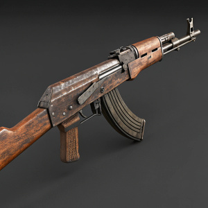 3D rendering of a rusty AK-47 rifle. Weathered wooden stock. Dark grey background