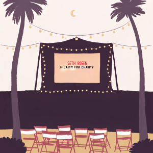Seth Rogen's 'Hilarity for Charity' event at a sunny outdoor venue. Netflix banner with twinkling lights. Palm trees sway in the breeze.