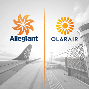 Dual airline logos showcased in a sleek, modern design. Allegiant's vibrant sunburst logo in orange on the left contrasts with Olarair's geometric, sun-themed pattern on the right.
