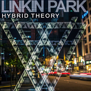 Linkin Park's Hybrid Theory album cover featuring overlapping black and white images creating a layered, abstract design. The band name is boldly displayed in a stylized font.