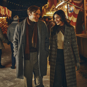 Ed Westwick and Jessica Szohr at a bustling street fair. Various vendors, performers, and spectators create a vibrant atmosphere. Colorful banners and stalls fill the background.