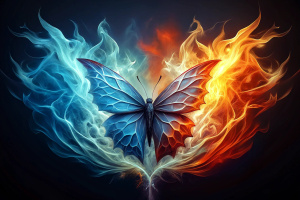 Frozen Flames interpretation of a butterfly where the contradictory elements of ice and fire merge in contrasting colors of ice blue and fiery red