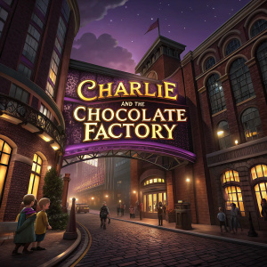 Nighttime view of a bustling city with the grand entrance of Willy Wonka's Chocolate Factory. The entrance is adorned with a huge, illuminated sign reading 'Charlie and the Chocolate Factory' in vibrant purple and gold hues. The brick facade of the building contrasts beautifully with the warm glow of the neon sign and the lights from the surrounding streets.