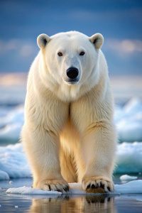 El oso polar es el carnívoro terrestre más grande del mundo. Los machos adultos pueden pesar entre 350 y 700 kilogramos y medir hasta 2.5 metros de longitud. Tienen un pelaje grueso y blanco que les proporciona camuflaje en el entorno ártico, con una capa de grasa debajo de la piel para mantener el calor. Sus patas anchas y garras afiladas están adaptadas para caminar sobre el hielo y cazar focas, su principal fuente de alimento.