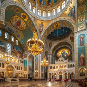 The majestic interior of the Naval Cathedral of St. Nicholas in Kronstadt, Russia. Richly decorated with golden icons and detailed frescoes.